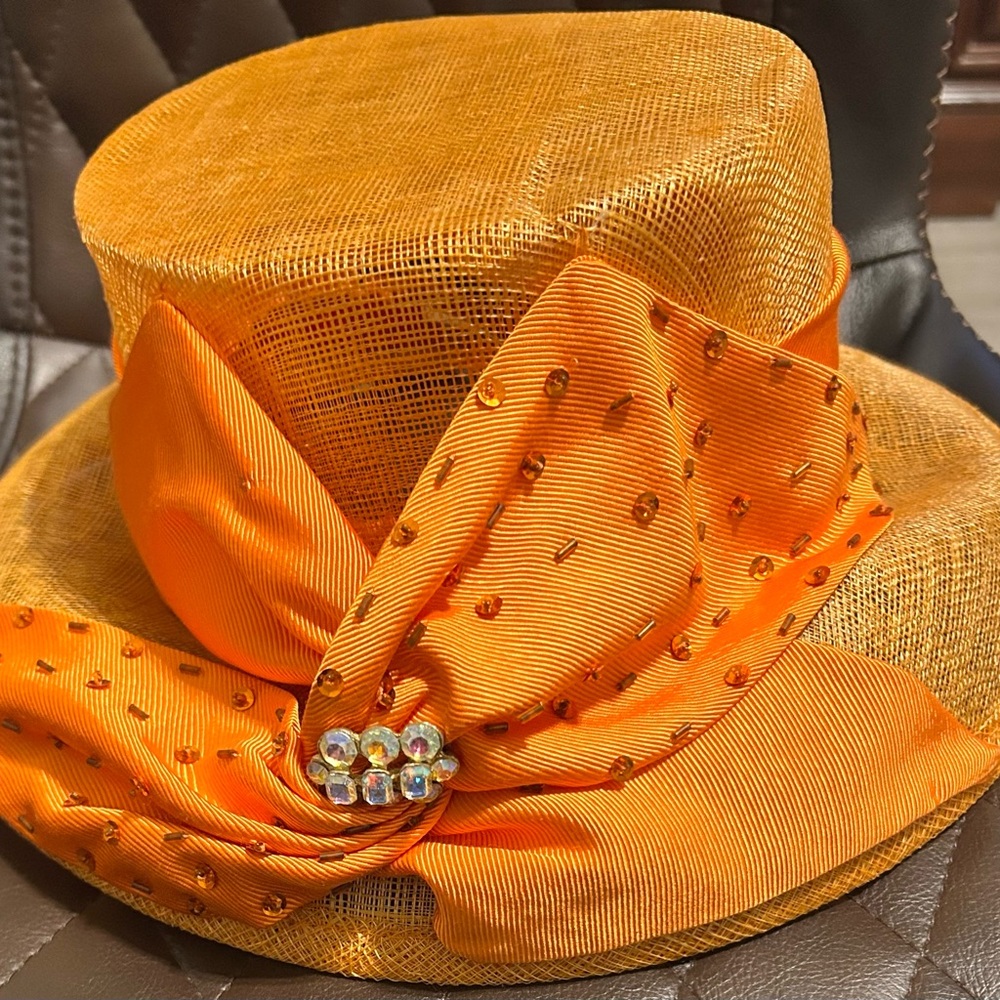 Elegant Orange Hat with Rhinestone Accent